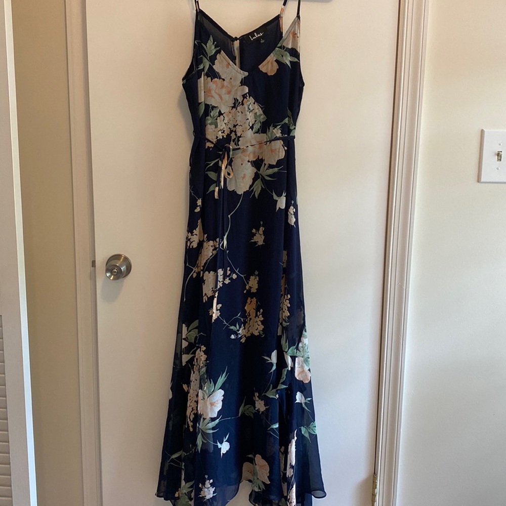 Navy blue asymmetrical belted floral maxi dress
